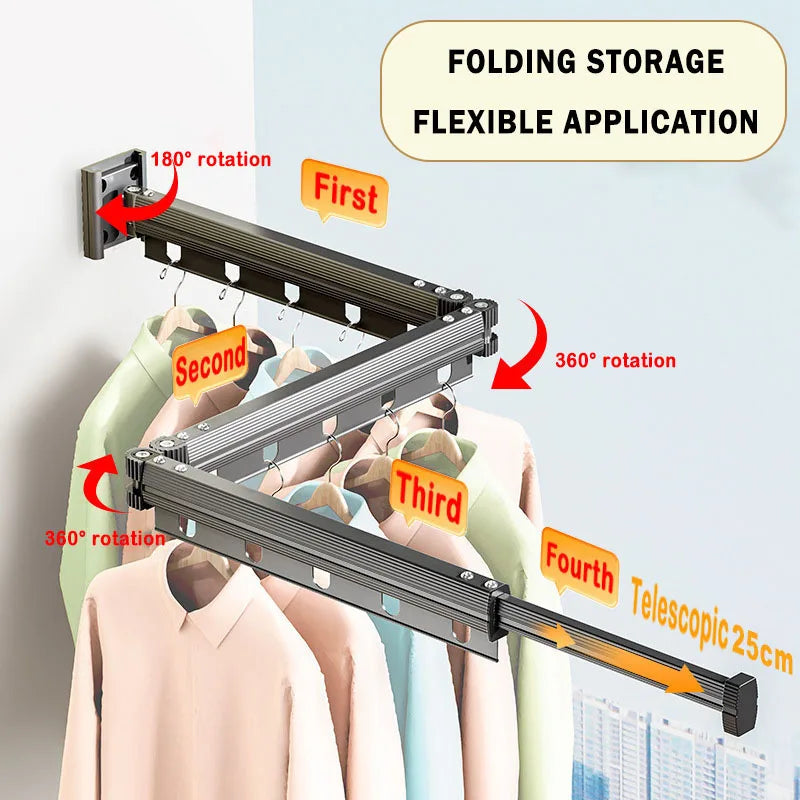 Folding Clothes Drying Rack Aluminum Alloy Rotating Clothes Hanger Collapsible Space Saving Laundry Wall Mounted Clothesline