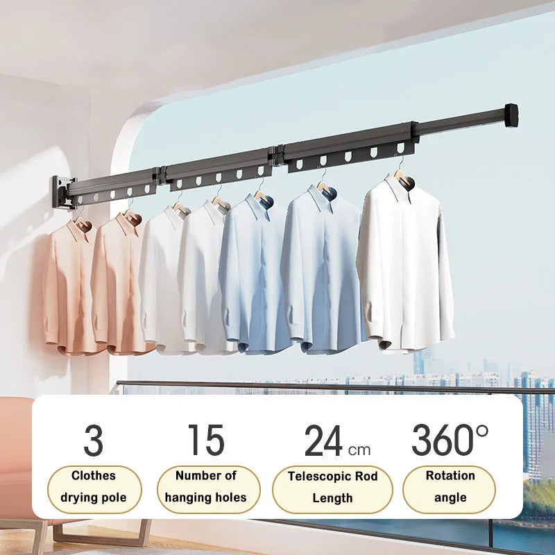 Folding Clothes Drying Rack Aluminum Alloy Rotating Clothes Hanger Collapsible Space Saving Laundry Wall Mounted Clothesline
